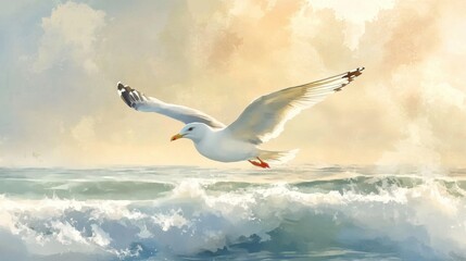 Seagull illustration in soft watercolor style floating above gentle waves in a coastal scene with light colors and soft shadows
