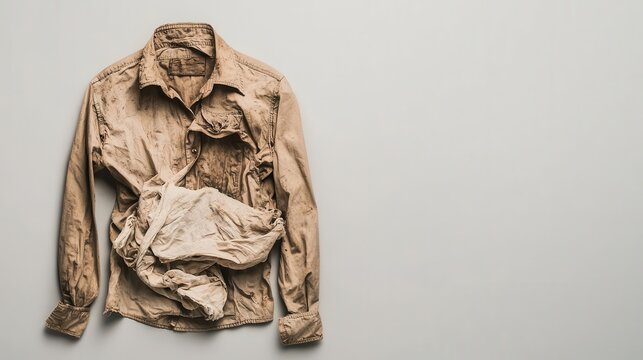Musty cotton shirt stored in a plastic bag for too long, fabric wrinkled and stained, neglected storage, aged clothing