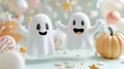 Cute Halloween Ghosts Celebrating with Candy and Joy