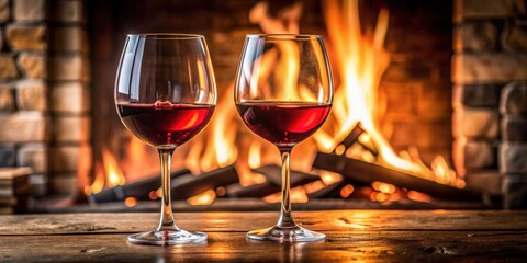 Two elegant red wine glasses placed over a cozy fireplace background , romantic, evening, date night, celebration