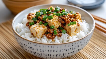 Delicious Tofu Bowl with Rice and Green Onions