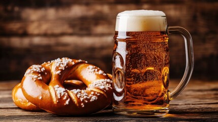 Golden beer jar paired with a large soft pretzel set against a rustic wood background evoking traditional cuisine in a relaxed pub setting
