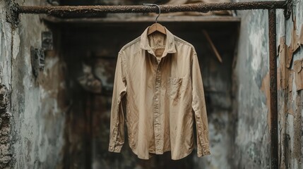 Naklejka premium Shirt left hanging in a musty wardrobe, fabric showing signs of mildew growth, neglected clothing, timeworn
