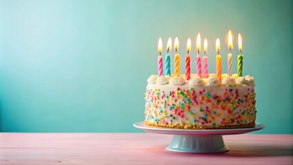 Birthday cake with colorful lit candles on pastel background, celebration, dessert, party, candles, festive, sweet, baking