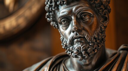 Close-up of the bronze equestrian statue of Marcus Aurelius in the Capitoline Museums; note the lively expression, rich patina, and historical and cultural themes. December 31, 2018. Rome, Italy's Cap
