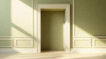 Fototapeta premium Mock up frame in a spacious, empty secret room with pale olive walls and a hidden shelf, no decor