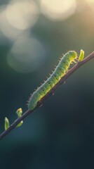 Fototapeta premium Green caterpillar on a branch in sunlight