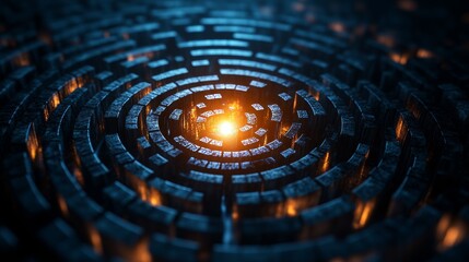 A circular maze made of intricate paths, symbolizing complex decision-making, at the center a bright light representing clarity and resolution, dark tones