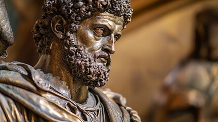 Obraz premium Close-up of the bronze equestrian statue of Marcus Aurelius in the Capitoline Museums; note the lively expression, rich patina, and historical and cultural themes. December 31, 2018. Rome, Italy's Cap