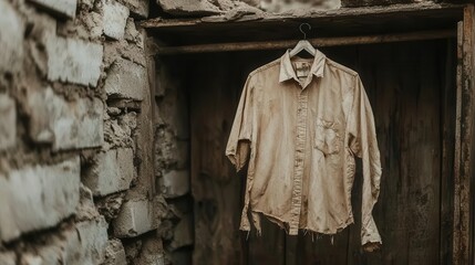 Naklejka premium Stale shirt hanging in a dilapidated wardrobe, fabric fraying at the edges, musty clothing, abandonment