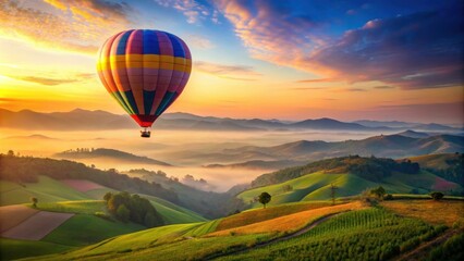 Fototapeta premium Colorful hot air balloon floating above rolling hills at dawn, nature, sky, serene, tranquil, hot air balloon