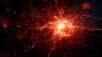 Fototapeta premium Abstract explosion of red energy particles on a dark background.
