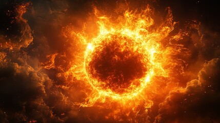 A circular wall of flames surrounding a glowing sun at the center, representing boundless passion and radiant energy, cosmic and powerful visual