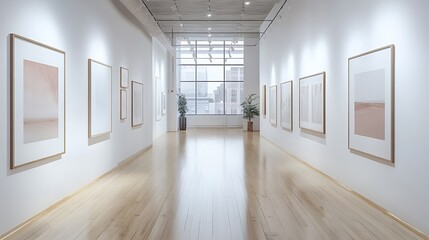 Fototapeta premium A contemporary gallery space with white walls adorned with framed posters, polished wooden floors, soft spotlights illuminating each artwork, minimalistic layout,