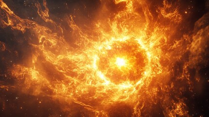 Fototapeta premium A circular wall of flames surrounding a glowing sun at the center, representing boundless passion and radiant energy, cosmic and powerful visual
