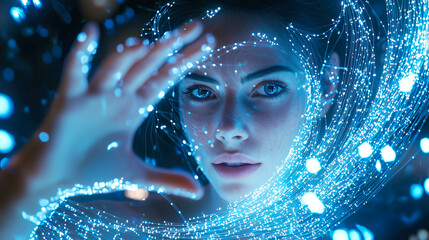 A futuristic woman touches neural networks. The concept of human interaction with advanced technology, AI, and the future of innovation. Generative AI.