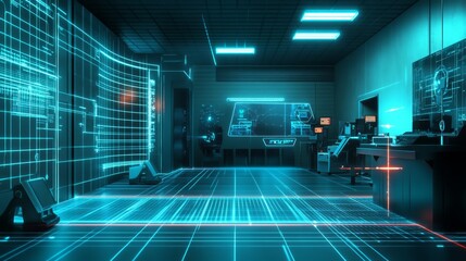 Futuristic Laser Detection System Scanning Room - High-Tech 3D Illustration