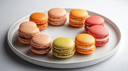 Obraz premium A close-up of a circular macaroon arrangement, vibrant colors and varied textures, elegantly placed on a minimalist white dessert platter, gourmet vibe