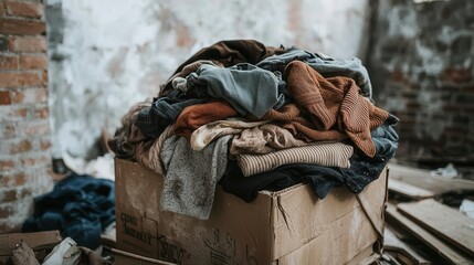 Fototapeta premium A forgotten box of clothes, musty shirts piled high with visible mold growth, neglected clothing, abandonment