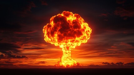 Dramatic explosion cloud illuminated by orange light against dark sky.