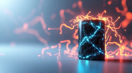 Electric energy concept with glowing blue and red lines around a dark cylinder.