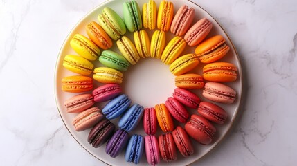 Obraz premium A dessert platter with a circular rainbow of macaroons, vibrant hues arranged symmetrically, creating an eye-catching presentation, soft pastel aesthetic