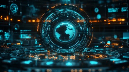 A futuristic ring of clocks in a circle, displaying different time zones from continents around the world, with a digital globe floating in the center