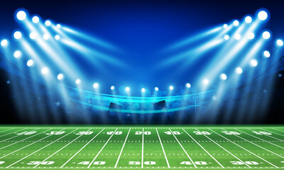 American football arena field with bright stadium lights design. Vector illumination © photoraidz