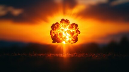 Spectacular explosion at sunset, vibrant colors illuminating the sky.