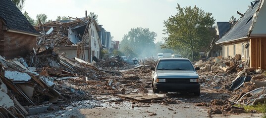 Fototapeta premium Town destroy after earthquake. Nature environment disaster. Generative AI technology. 