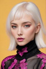 Naklejka premium Portrait of a woman with short blonde hair and floral purple outfit