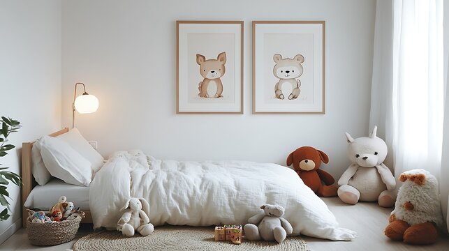 A cozy children&rsquo;s bedroom with framed artwork of cute animals on the wall, a soft rug on the floor, stuffed toys scattered around, warm light from a bedside lamp,