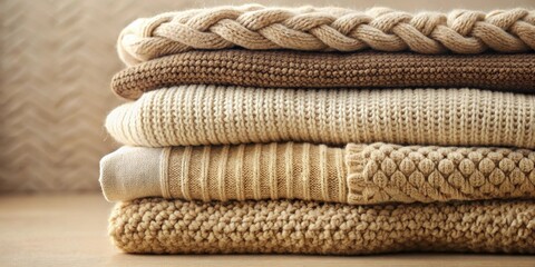 Close-up of a stack of knitted items in beige and brown tones, knit, fabric, handmade, cozy, warm, texture, wool, soft