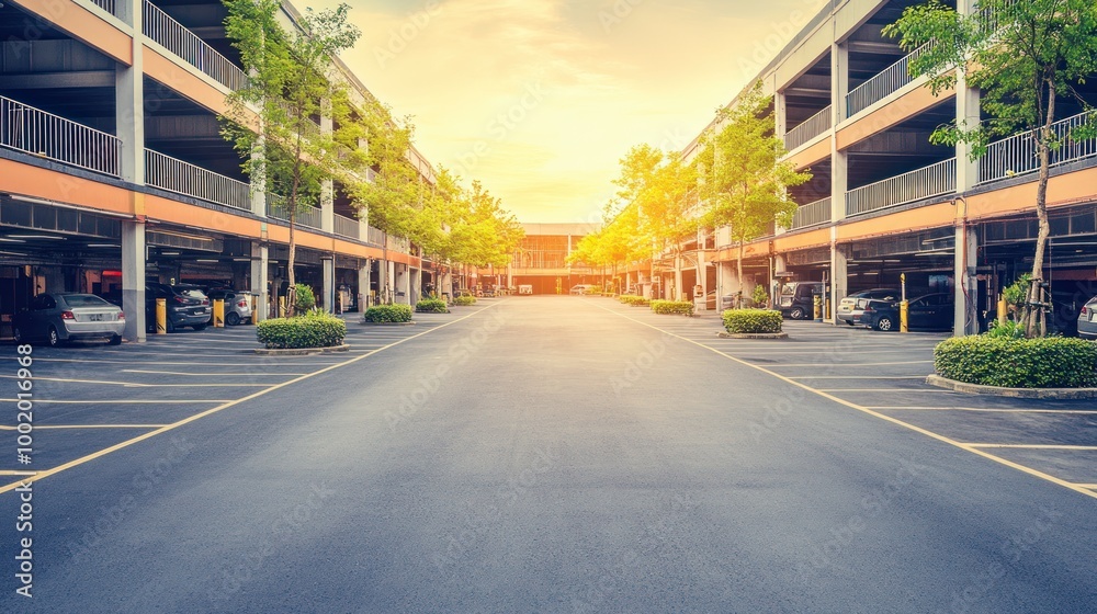 Poster A serene parking lot with trees and sunset light, creating a calm atmosphere.