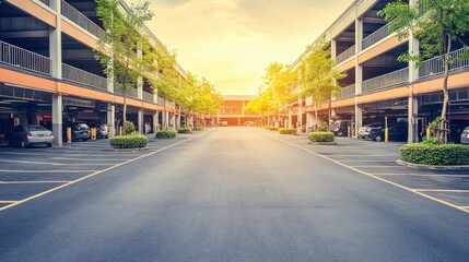 Obraz premium A serene parking lot with trees and sunset light, creating a calm atmosphere.