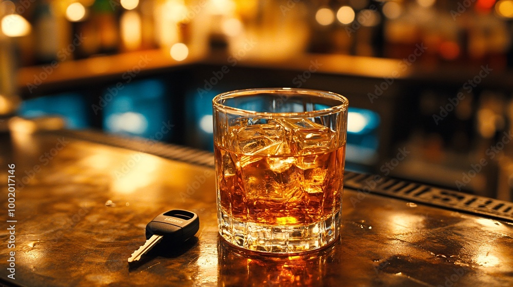 Poster Glass of whiskey placed beside a car key on a bar counter creating a strong warning against drinking and driving Large space for text in center Stock Photo with copy space