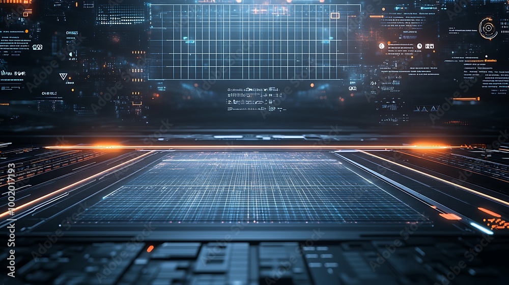 Aufkleber Futuristic interface with glowing lines and digital data on a dark background.