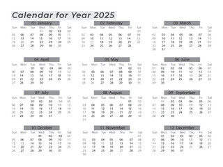 2025 Landscape Black and White Calendar. 2025 Horizontal Black and White Calendar Template. 