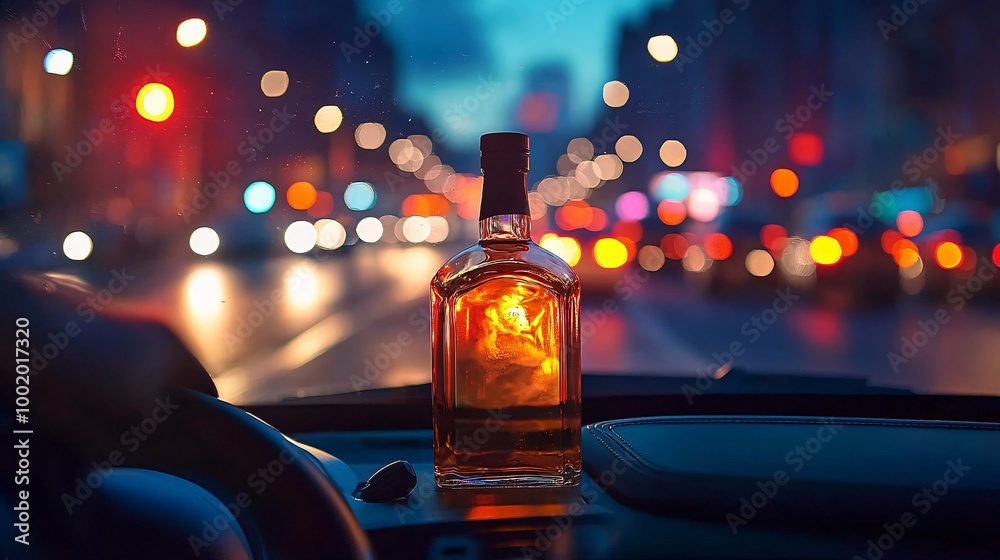 Poster drivers seat view of a steering wheel with a bottle of liquor in focus and city lights blurred in th