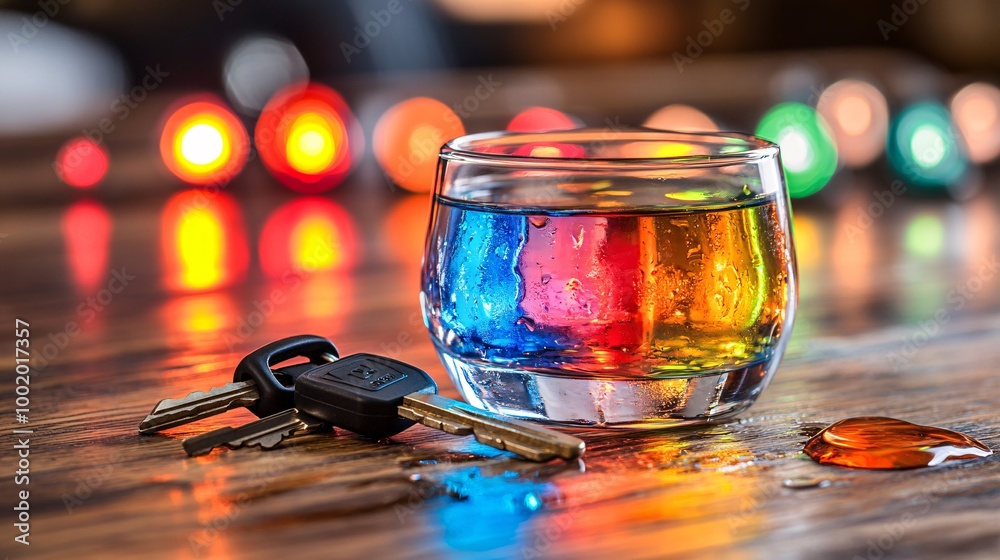 Poster police car lights reflected in a spilled drink beside a set of car keys warning about getting caught
