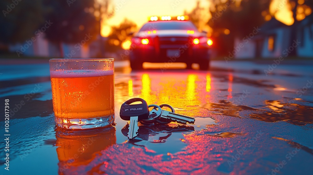 Poster police car lights reflected in a spilled drink beside a set of car keys warning about getting caught