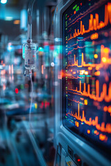 Medical monitor with colorful ECG graph in a hospital setting, representing advanced healthcare technology and patient care.