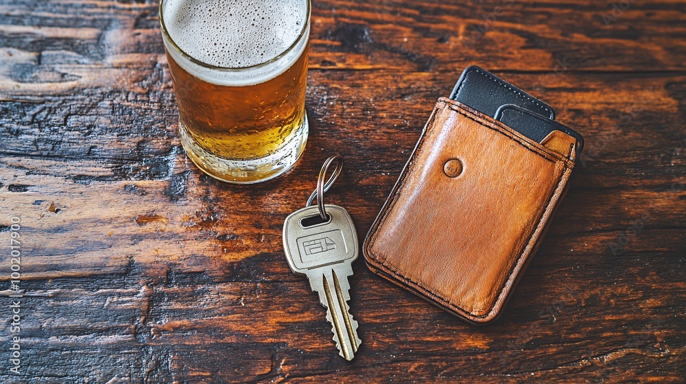 Poster Set of car keys on a table next to a drink and a wallet highlighting the risks and consequences of driving after consuming alcohol Large space for text in center Stock Photo with copy space