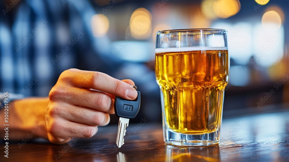 Poster hand reaching for a car key beside an unfinished glass of alcohol on a bar table symbolizing a dange