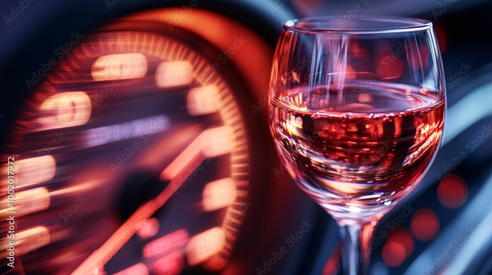 Poster Glass of wine placed in front of a car's speedometer creating a visual metaphor for the effects of drinking on driving capability Large space for text in center Stock Photo with copy space