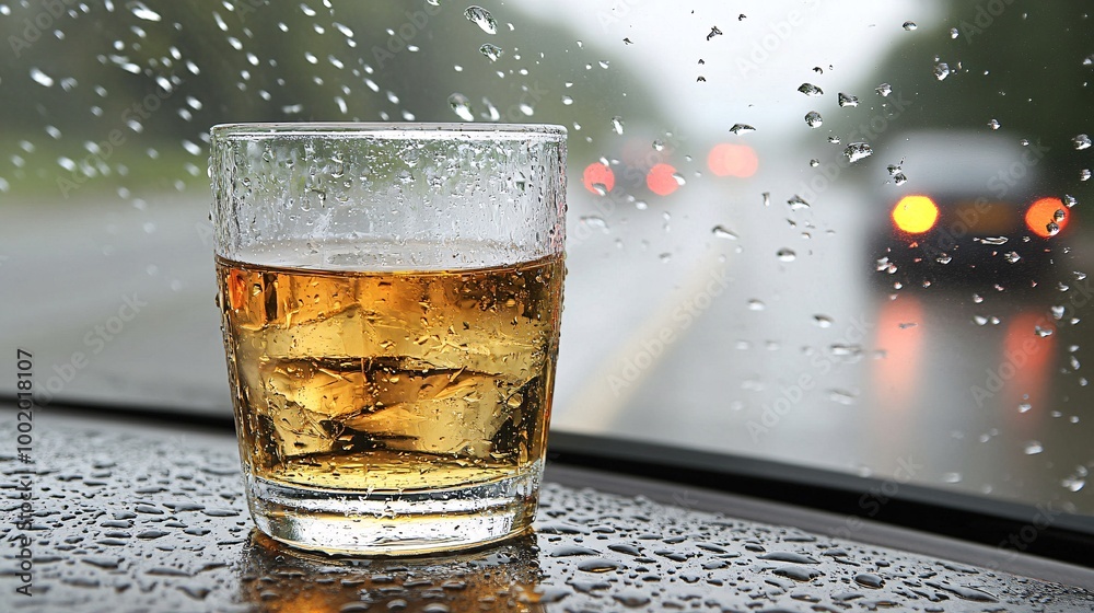 Poster glass of alcohol placed next to a steering wheel with raindrops on the windshield symbolizing blurre