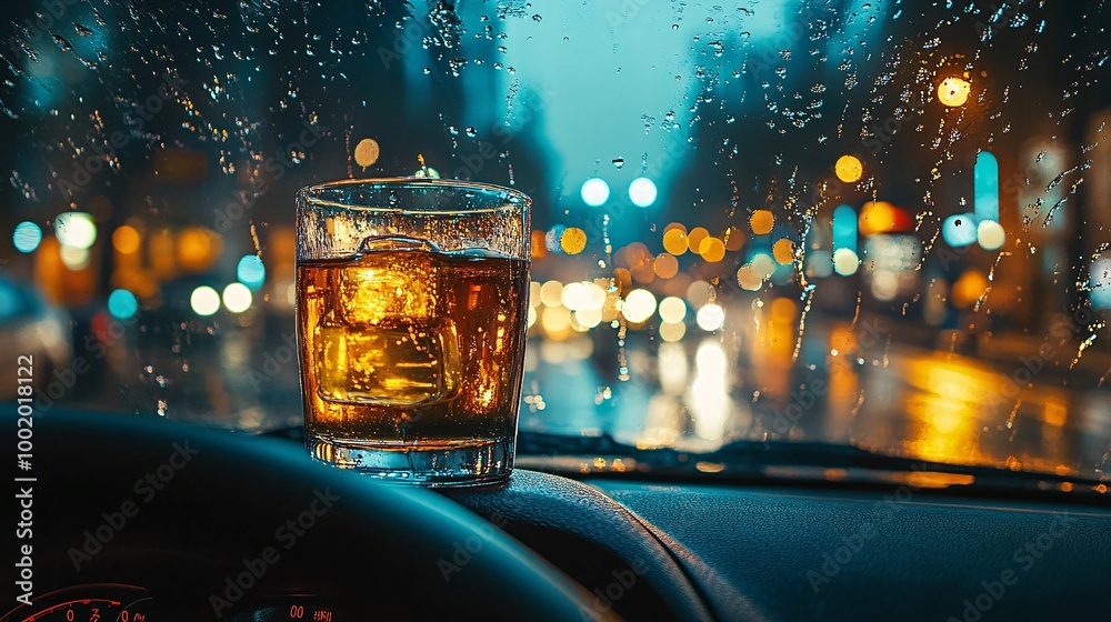 Poster glass of alcohol placed next to a steering wheel with raindrops on the windshield symbolizing blurre
