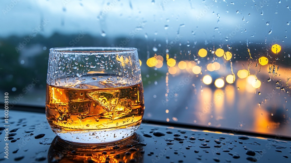 Poster glass of alcohol placed next to a steering wheel with raindrops on the windshield symbolizing blurre