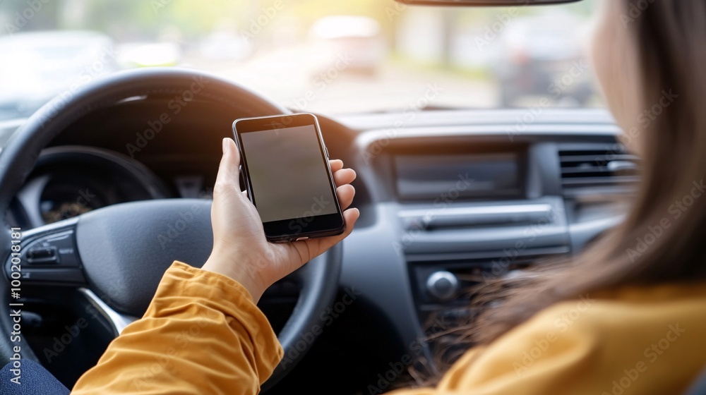 Poster Driver holding a smartphone in one hand while steering the car with the other indicating distraction and danger Large space for text in center Stock Photo with copy space