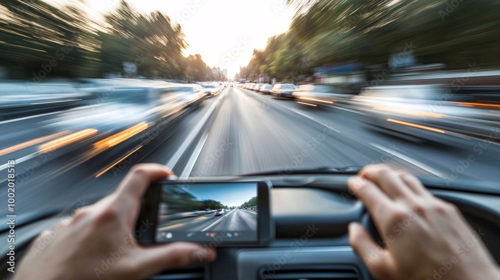 Aufkleber Car moving at high speed with a blurred view of the road while the driver uses a smartphone for checking emails or browsing Large space for text in center Stock Photo with copy space